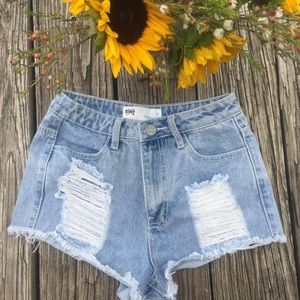 High Waisted Distressed Light Denim Shorts